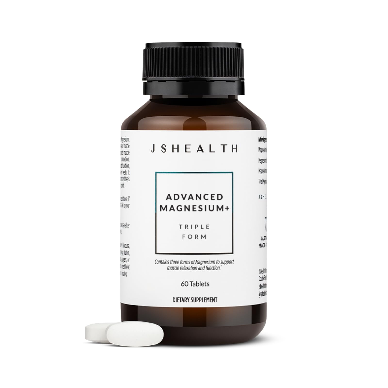 JSHealth Vitamins Advanced Magnesium Supplements with Magnesium Glycinate & Citrate for Muscle Relaxation (60 Tablets)