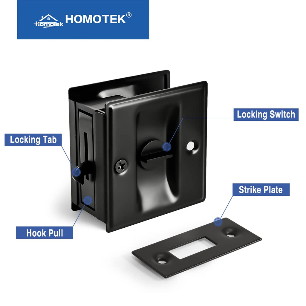 HOMOTEK 2 Pack Privacy Pocket Door Lock Hardware with Pull - Replace Old Or Damaged Sliding Door Locks Quickly and Easily, 2-3/4”x2-1/2”, for 1-3/8” Thickness Door, Black