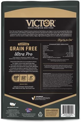 Victor Super Premium Dog Food – Grain Free Ultra Pro Dry Dog Food – High Protein, Low Carb Dog Food for Active Dogs – 42% Protein Dog Food for Sporting Dogs of All Breeds & Sizes, 5 lb