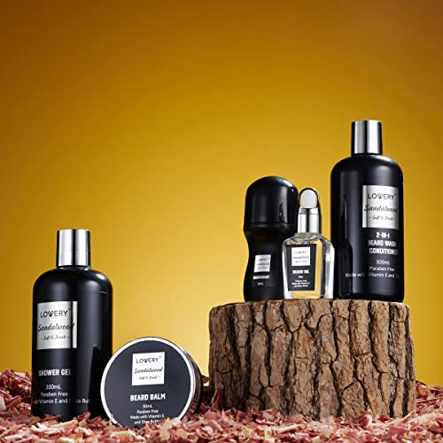 Valentines Beard Kit and Body Care Gifts for Men, Sandalwood Spa Gift Baskets, Mens Bath and Beard Grooming Kitf or Him, Unique Birthday Gifts for Him with Beard Balm, Growth Oil, Deodorant and More