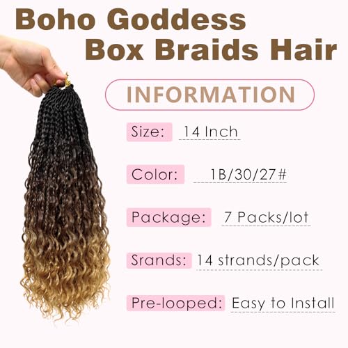 Goddess Box Braids Crochet Hair 14 Inch 7 Packs Boho Hair for Women Pre Looped Crochet Box Braids with Curly Ends, T1B/3/27
