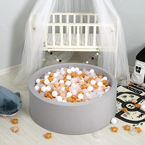 Ball Pit Balls with Starballs 100 - Crushproof Plasticballs for Babies Toddlers Kids Children for 1 2 3 4 5 Years Old,5 Colors,2.15inches, Beige Gold White Clear