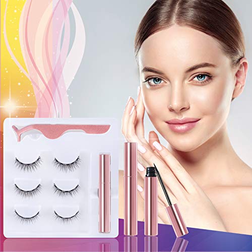 Natural Magnetic Eyelashes with Eyeliner,3 Pairs Natural Look False Lashes Kit,3D Short Magnetic Eyelash Set - No Glue Needed