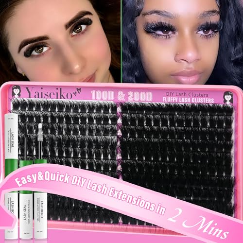Fluffy Lash Clusters Kit 100D+200D Thick Volume Eyelash Clusters Kit 12-25mm Wispy Individual Lashes D Curl Long Cluster with Lash Bond and Seal Waterproof DIY Lash Extension Kit at Home (KIT-280PCS)