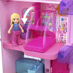Polly Pocket Barbie Dreamhouse Compact, Dollhouse Playset with 3 Micro Dolls, 1 Puppy, 11 Accessories, Elevator & Pool