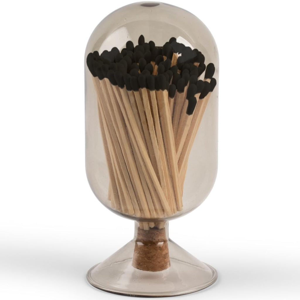 MILAVERA Premium Glass Match Cloche - Matches in a Jar with Striker. Long Matches for Candles, Fireplace, Bath Salts, Accessories. Includes Bottle, Attached Match Striker and Safety Matches (Black)