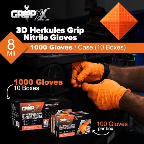 Herkules Grip Heavy Duty 8Mil Orange Nitrile Gloves,3D Raised Diamond Texture-Latex & Powder Free-Industrial, Mechanic
