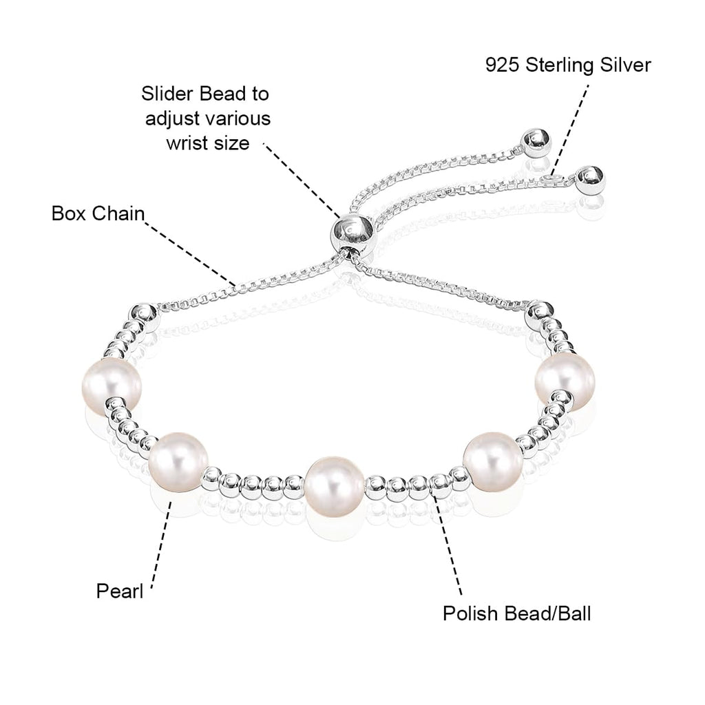 LeCalla 925 Sterling Silver Pearl Bracelets for Women | Adjustable Slider Simulated Pearl Beaded Bolo Bracelet Jewelry Gifts for Mom Wife