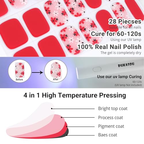 Semi Cured Gel Nail Strips, 28pcs Real Nail Polish Art Stickers/Wraps, Includes Prep Pads, Nail File & Wood Stick, Sticker Nails for Women Girls Kids DIY Gifts（Red