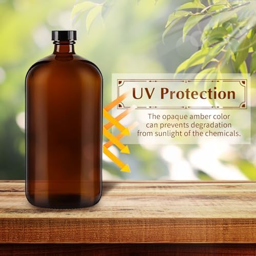 4 Pack 32 oz Amber Boston Round with Black Poly Cone Cap,Reusable Brown Glass Bottles for Secondary Kombucha Fermentation,Homemade Essential Oils,Lab Chemicals