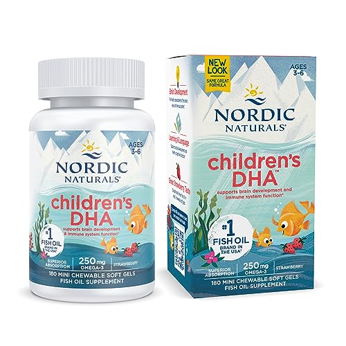 Nordic Naturals Children’s DHA, Strawberry - 180 Mini Chewable Soft Gels for Kids - 250 mg Omega-3 with EPA & DHA - Brain Development & Function - Non-GMO - 45 Servings