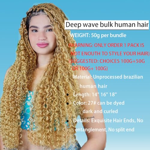 #27 Honey Blonde 14 Inch 1 Bundle 50g Deep Curly Wave Bulk Human Hair for Braiding Unprocessed Brazilian Water Wave Human Braiding Hair for Boho Braids Wet and Wavy