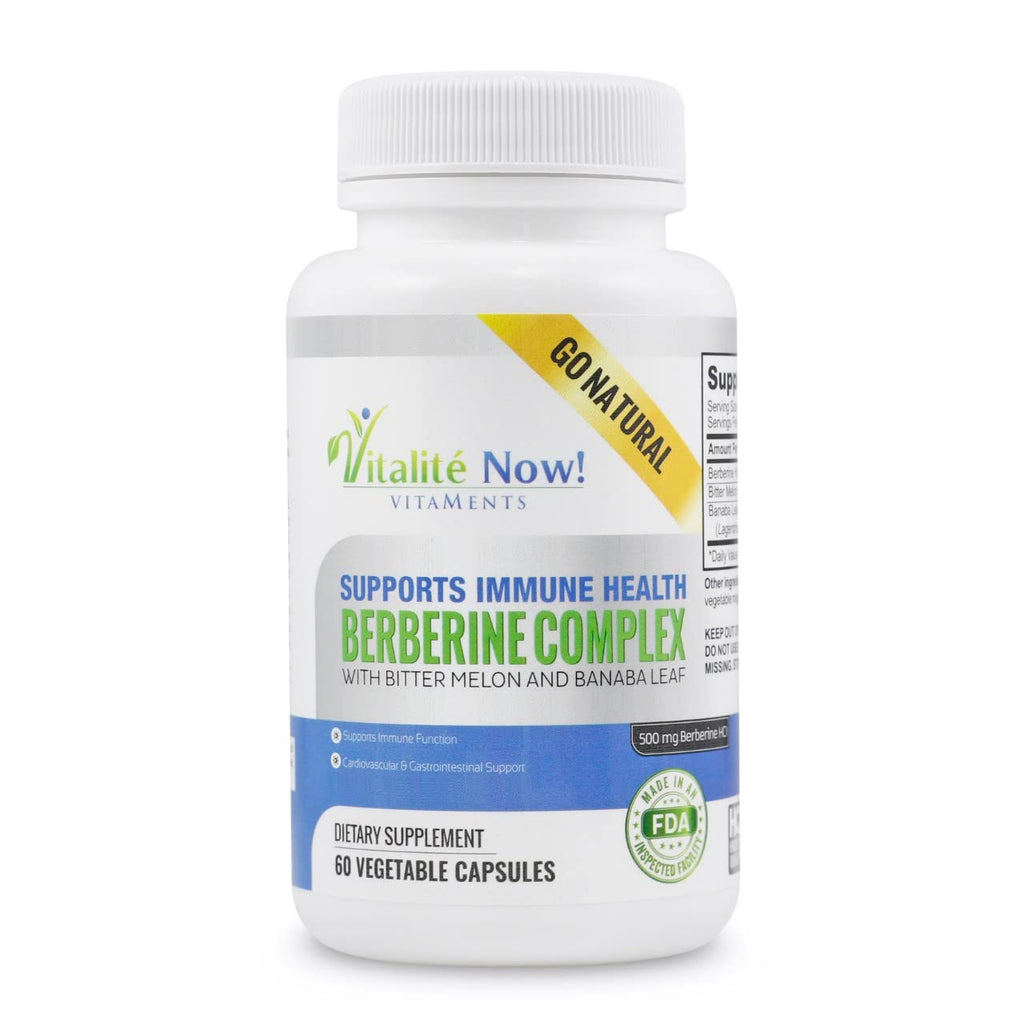 Vitalité Now! High Strength Berberine 500mg + Bitter Melon & Banaba - Immune System Health - Cardiovascular & Gastrointestinal Support - 60 Vegetarian Capsules