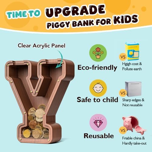 Summidate Wooden Letter Piggy Bank, Extra Thick Large Capacity Piggy Bank for Kids Boys Girls Toddler, Alphabet Y Money Bank| Coin Box Birthday, Christmas, Festival