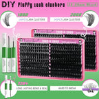 Fluffy Lash Clusters Kit 100D+200D Thick Volume Eyelash Clusters Kit 12-25mm Wispy Individual Lashes D Curl Long Cluster with Lash Bond and Seal Waterproof DIY Lash Extension Kit at Home (KIT-280PCS)
