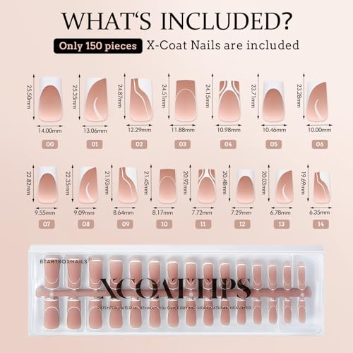 BTArtbox XCOATTIPS French Tip Nails - 5 Styles Long Square Press on Nails, Pre-Designed Swirl Nail Tips, Ultra Fit Soft Gel Nails False Nails, Soak Off Acrylic Fake Nails for Daily Nail Art DIY