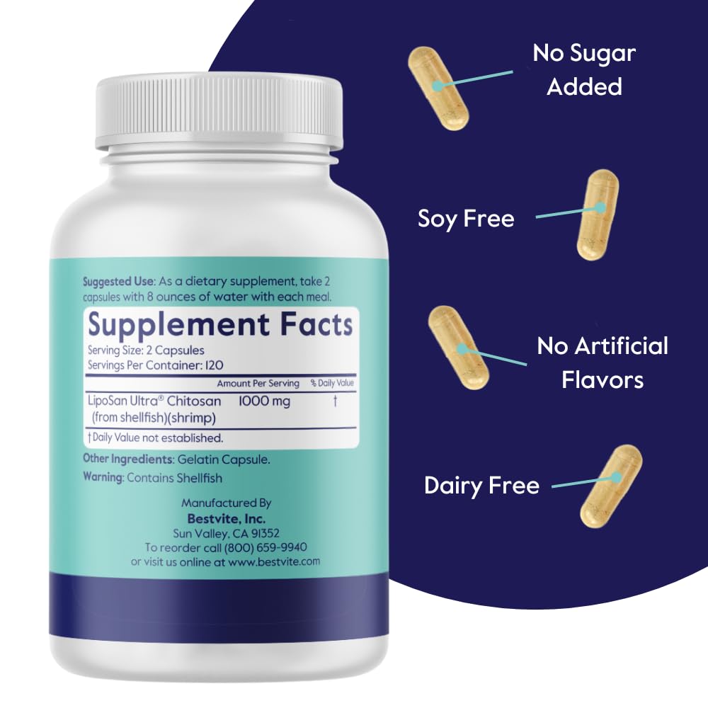 BESTVITE Liposan Ultra Chitosan 500mg (240 Capsules) - Patented Faster Acting Than Regular Chitosan - No Stearates - No Fillers