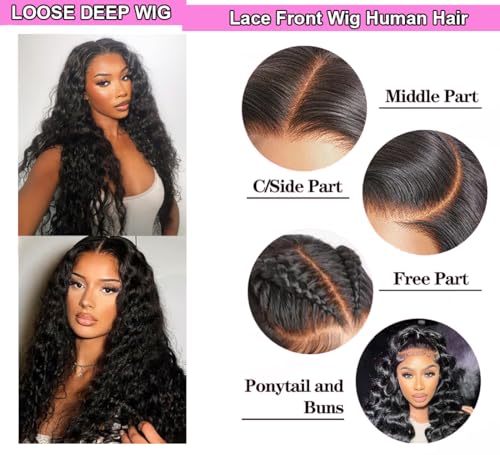 Loose Deep Wig Lace Front Wigs Human Hair Wigs for Black Women 13x4 HD Transparent Lace Frontal Wigs Human Hair Pre Plucked 200% Density Loose Deep Glueless Wigs Natural Black Color 26 inch