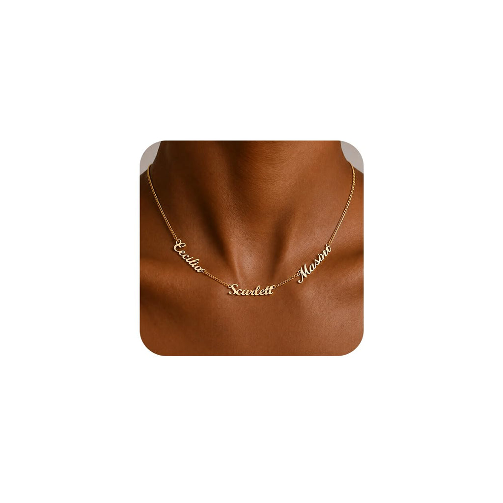 Xianofu Personalized Name Necklace with Curb Chain, 18K Gold Plated Handmade Custom Family Choker Customized Child Nameplate Necklace Mother's Day Jewelry Gift for Mom, Wife (3 Names Necklace)