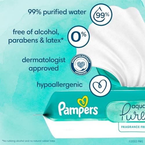 Pampers Pure Protection Disposable Baby Diapers Size 4, 2 Month Supply (2 x 150 Count) with Aqua Pure Sensitive Baby Wipes, 12X Pop-Top Packs (672 Count)