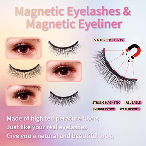 Natural Magnetic Eyelashes with Eyeliner,3 Pairs Natural Look False Lashes Kit,3D Short Magnetic Eyelash Set - No Glue Needed