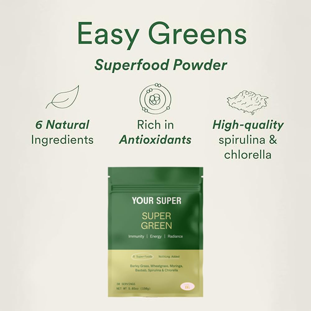 Your Super Organic Super Green Smoothie Mix – Superfood Powder for Natural Immune Support, Made with Wheatgrass, Barley Grass, Moringa, Spirulina, Chlorella & Baobab Powder (30 Servings)