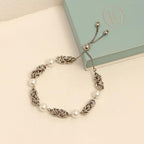 LeCalla 925 Sterling Silver Byzantine Bracelet Jewelry Italian Rhodium Plated Simulated Pearl Beaded Sliding Bolo Bracelet for Women