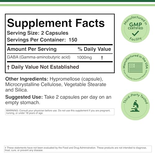 GABA Supplement (300 Capsules, 1,000mg per Serving) Promotes Calm, Relaxation, and Supports Sleep (Vegan Safe, Gluten Free, Non-GMO)(Gamma Aminobutyric Acid) by Double Wood (Pack of 2)