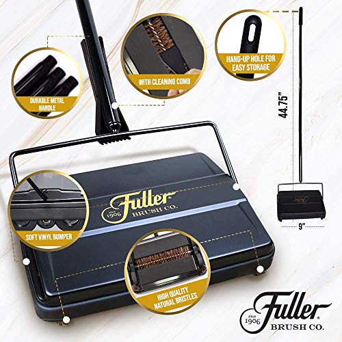 Fuller Brush Electrostatic Carpet & Floor Sweeper with Additional Rubber Rotor - 9" Cleaning Path - Lightweight - Ideal for Crumby & Wet Messes - Works On Carpets & Hard Floor Surfaces (Black)