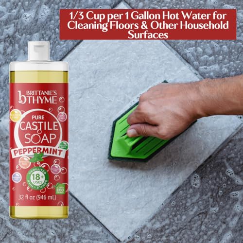 Brittanie's Thyme Pure Castile Liquid Soap Refill (Peppermint, 32 oz Pack of 2) | For Hair & Body, Gentle and Pure, Made with Natural Luxurious Oils, Vegan & Gluten Free Non-GMO