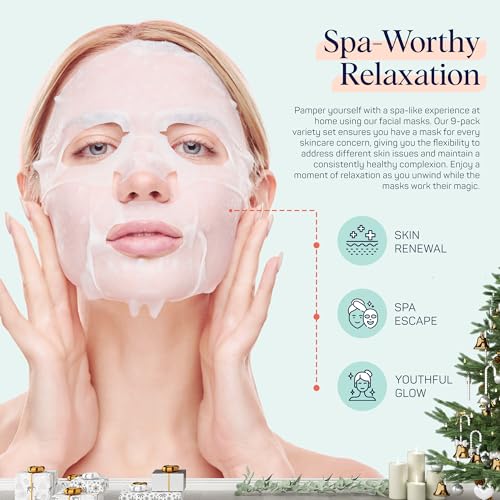 SpaLife 9-Pack Facial Masks for Skin Rejuvenation, Hydration, and Moisturizing - Beauty Face Mask Set for Women