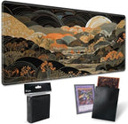 TCG Playmat Board Game Mat Plus 50 Pcs Card Sleeves, 24 x 14 Table Mats Game Mousepad with Soft Surface Non-Slip Base for MTG RPG CCG Trading Card Game Playmats, Japanese Abstract Art