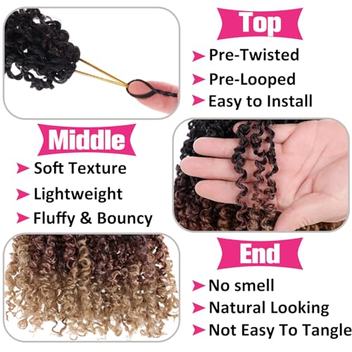 Unionbeauty Pre-twisted Yanky Twist Crochet Hair 8Inch 8 Bundles Pre-looped Passion Twist Crcochet Braids Hair with Bouncy Ombre Brown to Blonde Micro Twist Synthetic Braiding Hair Extensions 1B3027#