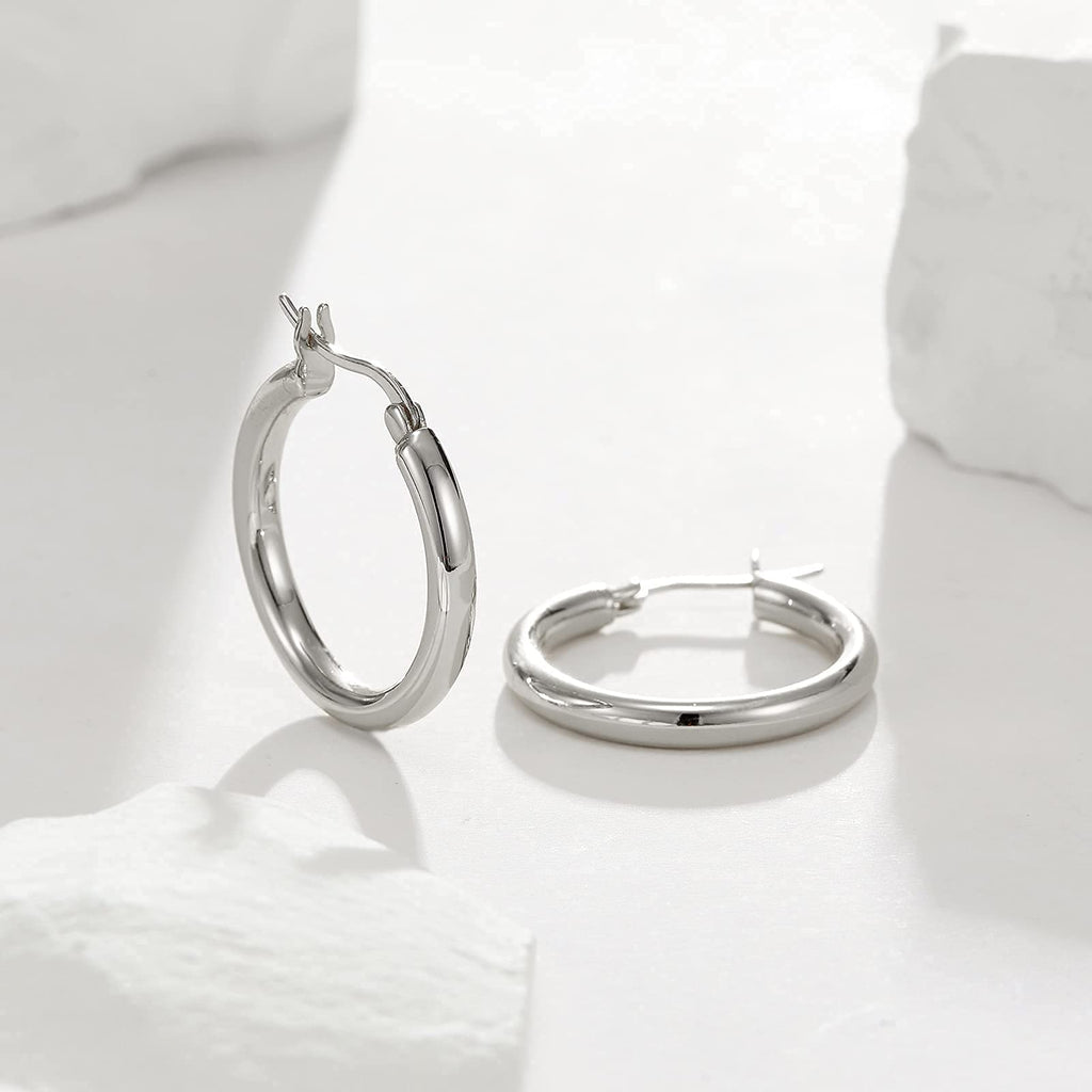 SWEETV Sterling Silver Post Earrings Chunky Hoop Earrings for Women 25MM Polished Huggie Earrings for Sensitive Ears