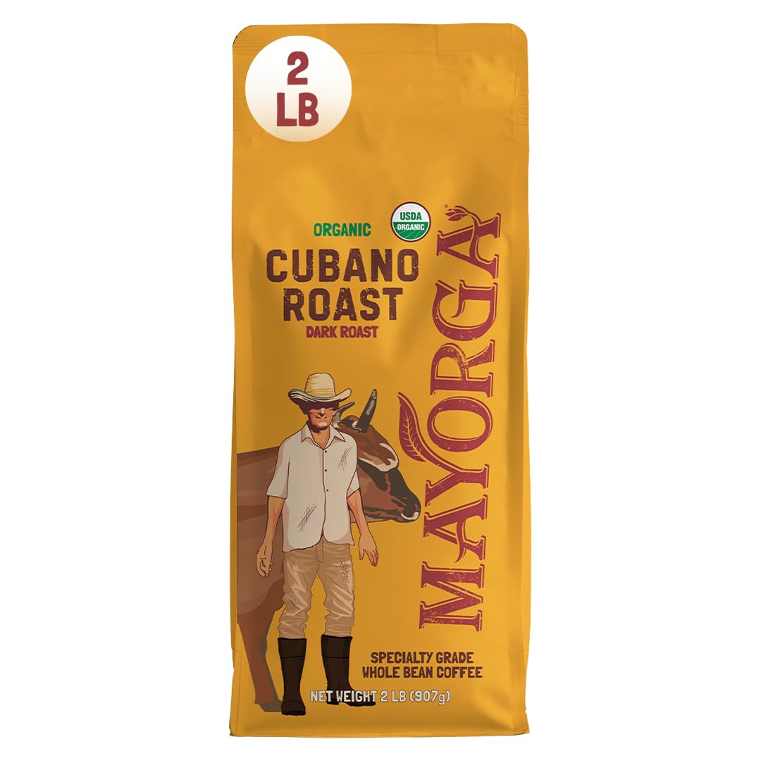 Mayorga Organic Coffee 2lb Cafe Cubano Roast - Dark Roast Whole Bean Specialty Grade Coffee, 100% Arabica, Slow Roasted, Bold and Smooth Flavor with Low Acidity - USDA Organic, Non-GMO, Kosher