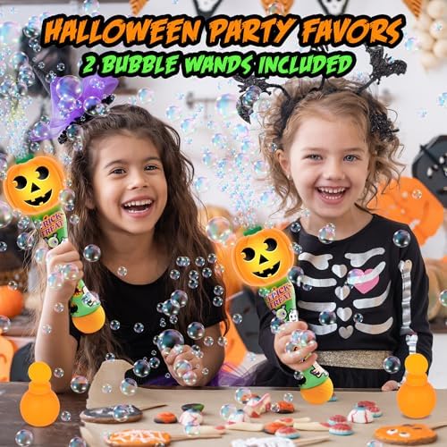 ArtCreativity Halloween Bubble Wand for Kids (2 Pack), 14" Light Up Pumpkin Bubble Wand with LED & Halloween Music, Halloween Boo Basket Stuffers for Kids, Halloween Toys for Toddlers