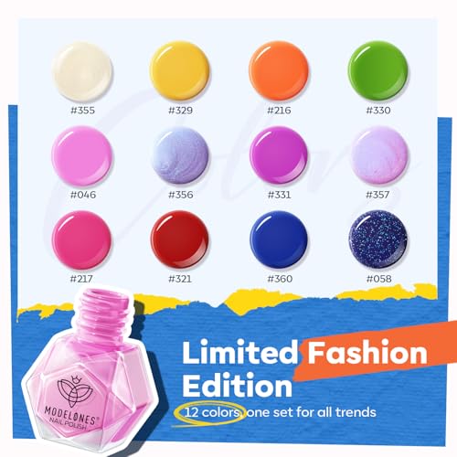 modelones Nail Polish Set, 12 Colors Summer Pink Red Blue Orange Quick Dry Mini Starter Kit, Long Lasting Art DIY Manicure Set at Home for Women Girls