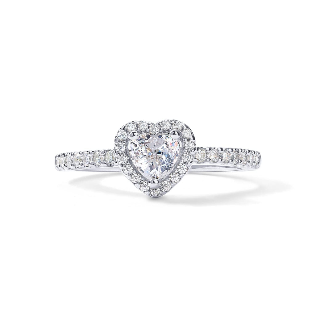 PAVOI 14K Gold Plated Heart Halo Promise Ring for Women - White Gold