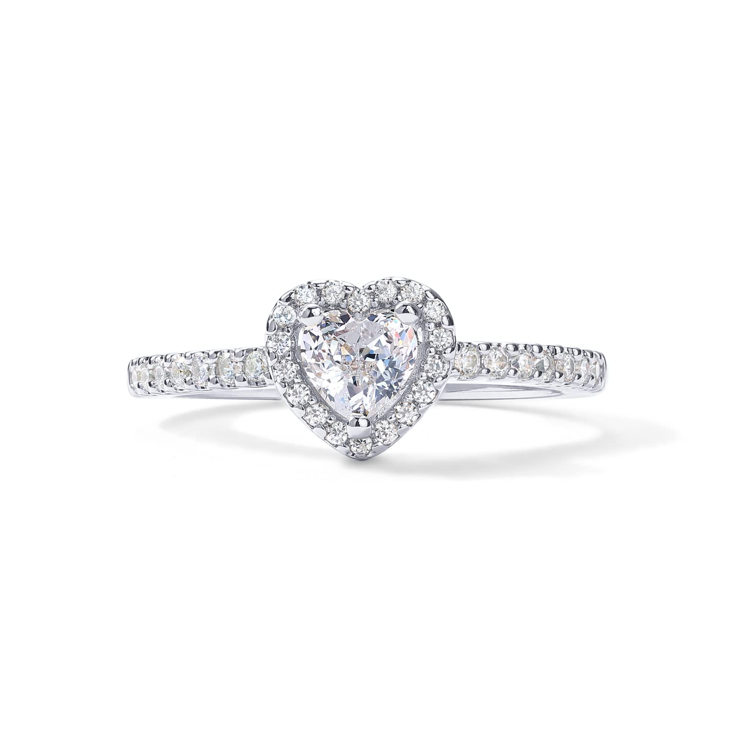 PAVOI 14K Gold Plated Heart Halo Promise Ring for Women - White Gold
