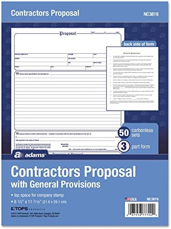 Adams Contractor's Proposal Forms, 8.5 x 11.44 Inch, 3-Part, Carbonless, 50-Pack, White, Canary and Pink (NC3819)