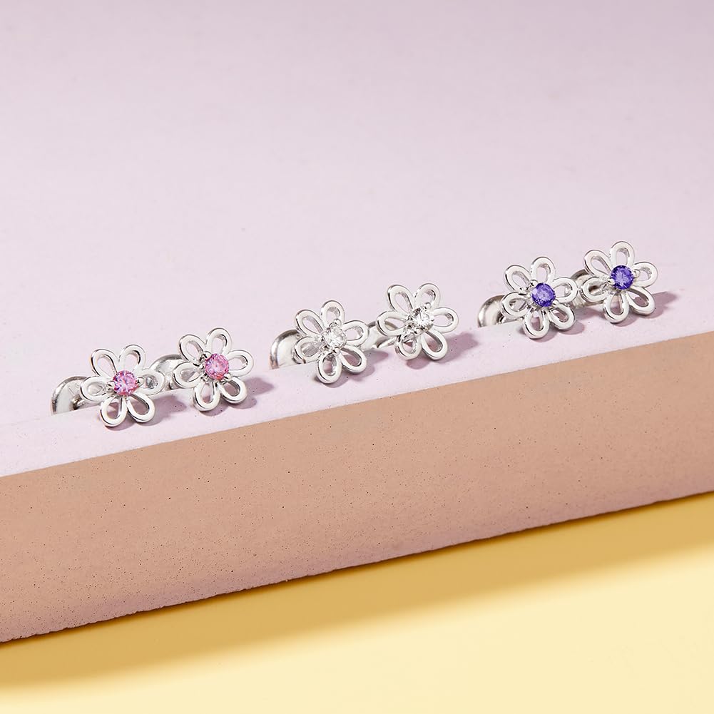 In Season Jewelry CZ Flower Kids Earrings - 925 Sterling Silver (Pink)