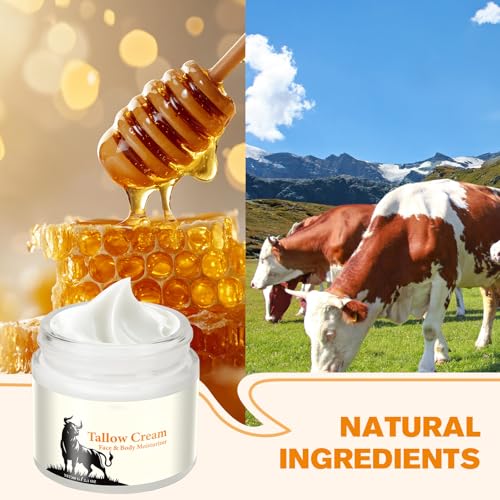 Beef Tallow for Skin, Moisturizer Cream, Nourishing and Hydrating Skin, Organic Beef Tallow & Honey Balm for Skin,Natural Grass-Fed Beef Tallow Cream with Raw Honey for All Skin Care (1 PCS,60g)
