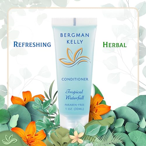 BERGMAN KELLY Hotel Toiletries Bundle (Tropical Waterfall, 1 oz each, 100 Pieces) 4-Piece Set: 25 Round Bar Soap, 25 Shampoo, 25 Conditioner & 25 Body Lotion - Bulk Mini Guest Amenities Supply