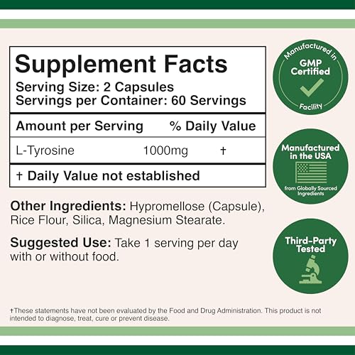 L-Tyrosine 1,000mg per Serving, 120 Veggie Capsules (L Tyrosine Supplement for Memory, Attention, and Focus) Amino Acid, Vegan Safe, Non-GMO by Double Wood (Pack of 2)