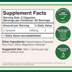 L-Tyrosine 1,000mg per Serving, 120 Veggie Capsules (L Tyrosine Supplement for Memory, Attention, and Focus) Amino Acid, Vegan Safe, Non-GMO by Double Wood (Pack of 2)