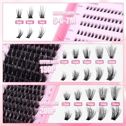 Fluffy Lash Clusters Kit with Bottom Lashes 320pcs Cluster Eyelash Extensions Kit Volume Individual Lashes Kit with Lash Bond and Seal Tweezers by ALPHONSE (150D+200D, 12-20mm)