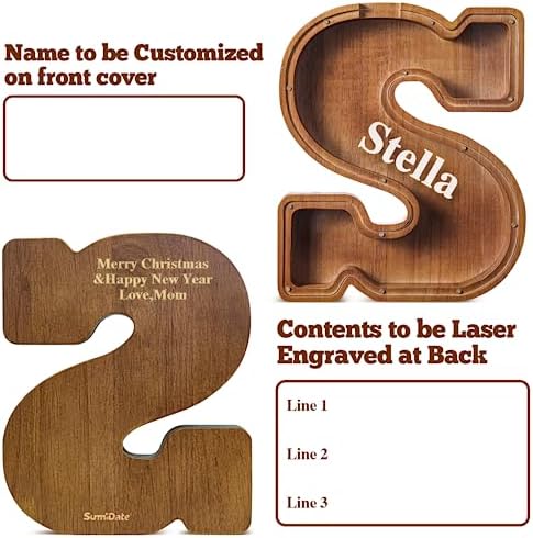 Summidate Customized Name Extra Large Wooden Piggy Bank for Kids Boys Girls Letter A-Z Coins Bills Money Change Bank Box Initial on Clear Cover (Laser Engraved) Educational Toys 12"- Letter S