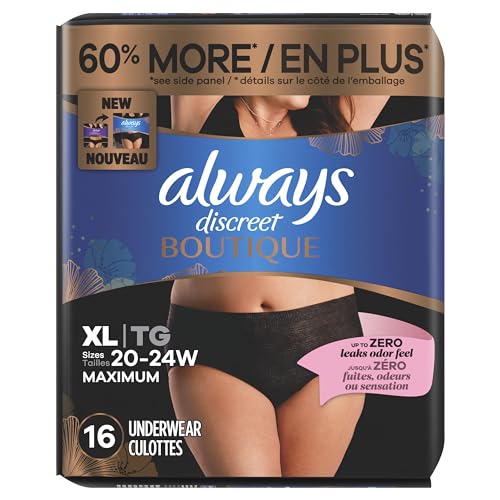 Always Discreet Boutique Incontinence and Postpartum Underwear for Women, Maximum Protection, Extra Large, Black, 16 Count