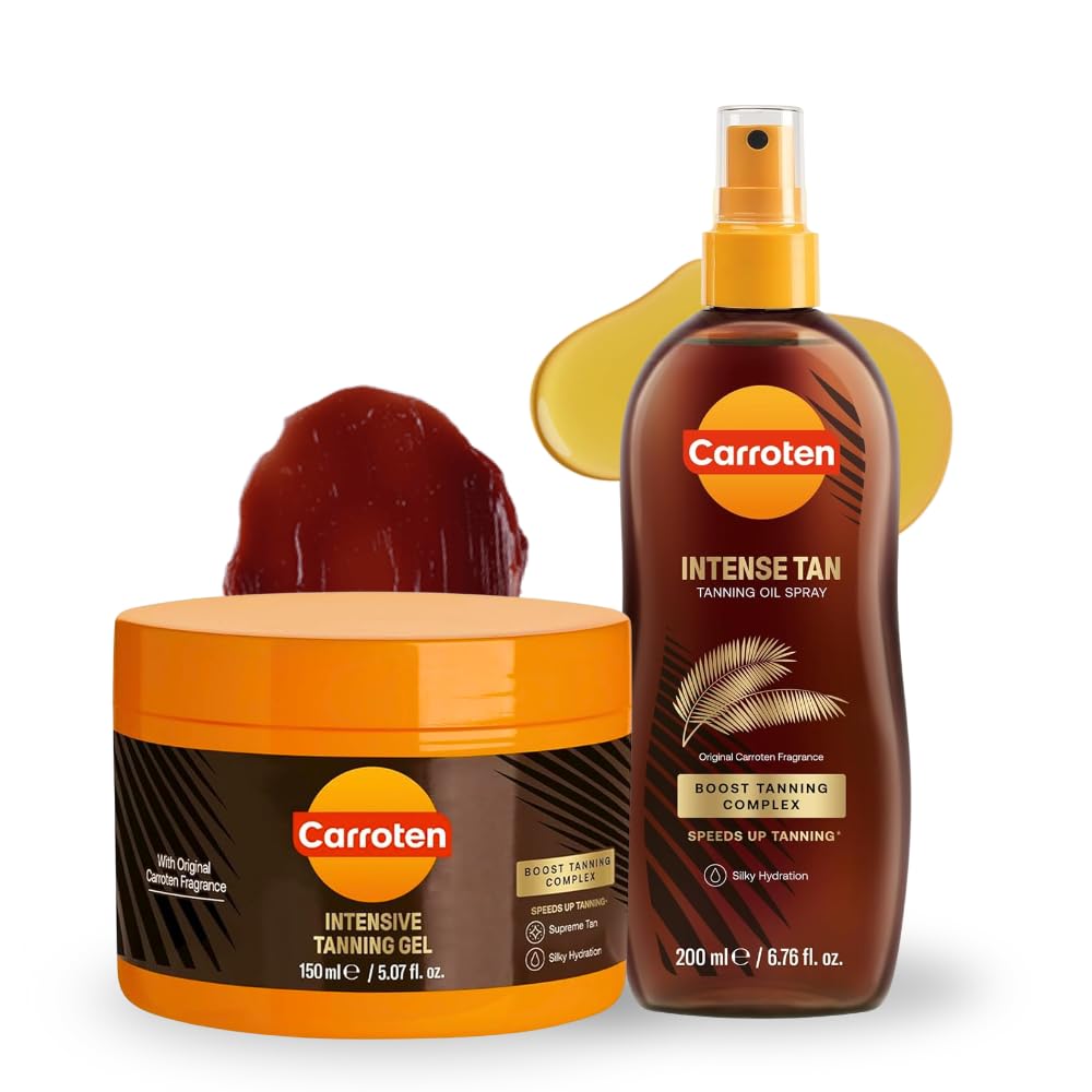 Carroten Intensive Tanning Gel + Oil Spray | Browning Tan Accelerator | Carrot & Coconut Oil | Vitamin A + E for Moisture & Hydration | Water-Resistant, Non-Greasy | Made in Greece | 6.7 oz + 5 oz