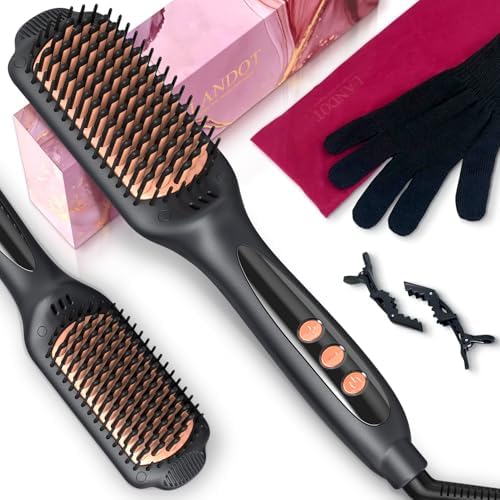 LANDOT Hair Straightening Brush Straightener: Negative Ion Ceramic Heated Hot Brush for Smooth Frizz-Free Hair - Dual Voltage 100-240V & 12 Temp Settings 250°F to 450°F